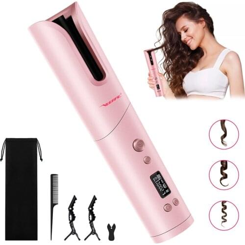 Cordless Automatic Hair Curler USB Rechargeable Curling Iron Curls Waves LCD Display Ceramic Curly Rotating Curling Wave Styer
