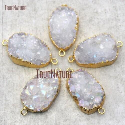 10Pcs Top Seller Pure Gold Color Irregular Shape Double Bail Pendant Aqua Aura Druzy Crystal Connector 39x23mm PC15186
