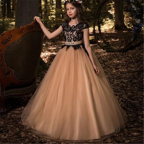 Black Flower Girl Dresses For Weddings Tulle Ball Gown Long Sleeves Tulle First Holy Communion Dresses For Little Girls