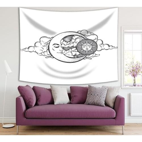 Tapestry Moon Sun and Clouds Night Sky Vintage Ethnic Mythical Artwork Printed Black and White
