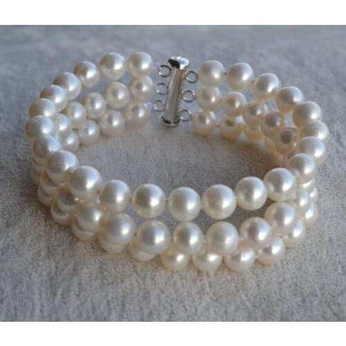 Hot Sale Wedding Round Pearl Bracelet Magnet Clasp 7-8mm 3 Rows White Color Freshwater Pearl Bracelet Fine Women Jewelry Gift