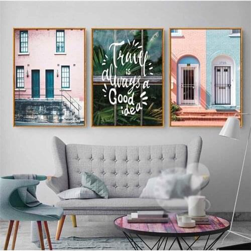 HAOCHU Modern City Pink Blue Leaves House Art Poster Simple Nordic Wall Pictures Canvas for Living Room Home Decor