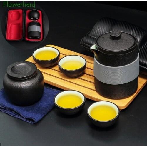 Ceramic Kung Fu Tea Set Teaware Tea Pot and Cup Set One Pot Four Cups Black Pottery Portable Outdoor Travel Tea Set Office