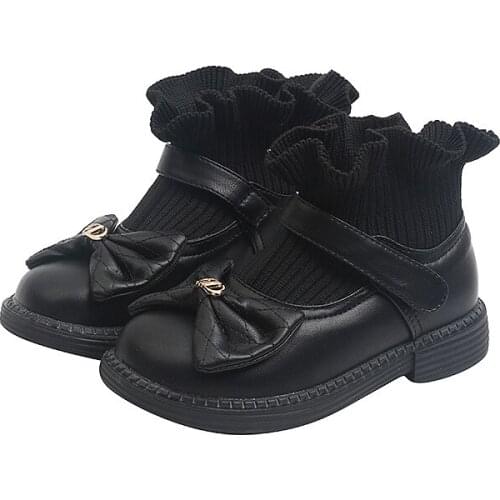 Girls Bow-Knot Touch Strap Leather Textile Boots Children Bootie with Ribbed Knit Stretch Inserts Toddler Little Kids Warm Shoes