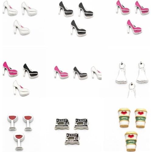Hot selling 10pcs/lot high-heeled shoes coffee cup floating charms living glass floating memory locket charms jewelry