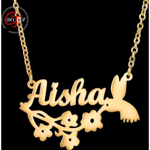 Goxijite Trendy Custom Stainless Steel Name Necklace With Flower Bird For Women Personalized Nameplate Choker Necklaces Jewelry