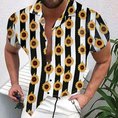 Mens Summer Large Size Loose Thin Beach Print Casual Fashion Loose Turtleneck Cardigan Blouse Short Sleeve Shirt