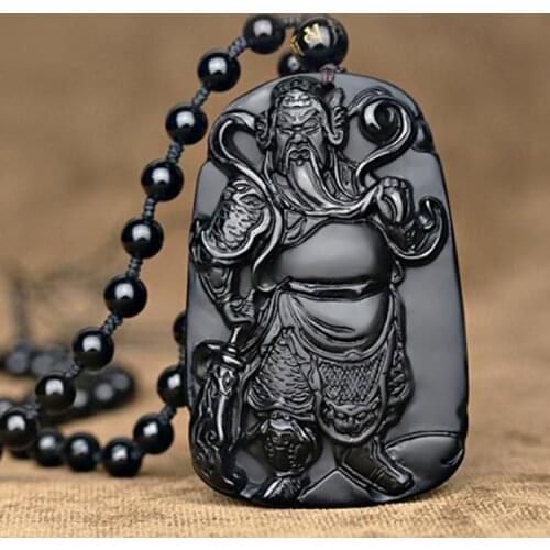 Natural Black Obsidian Carving Guan Yu Pendant Necklace Mammon Guan Gong Lucky Amulet Gift For Men Jewellery