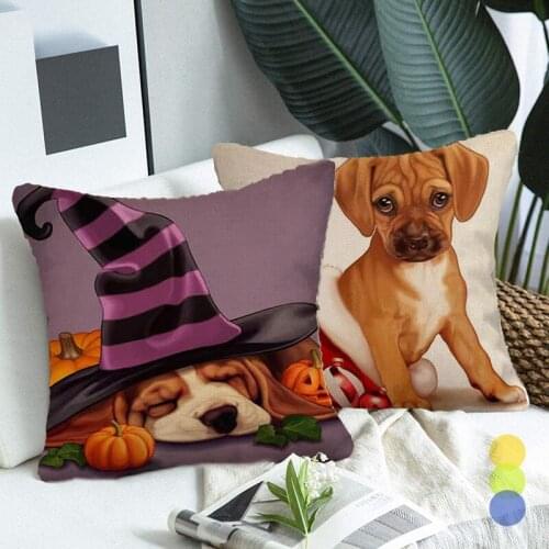 Halloween Puppy Printing Cushion Cover Home Decorative Fauxlinen Square Throw Pillows Case for Living Room Sofa Bed Seat Decor