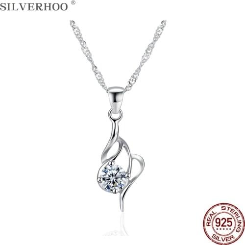 SILVERHOO 925 Sterling Silver Minimalist Streamline Pendant Necklaces For Women Korean Clear Cubic Zirconia Necklace Jewelry