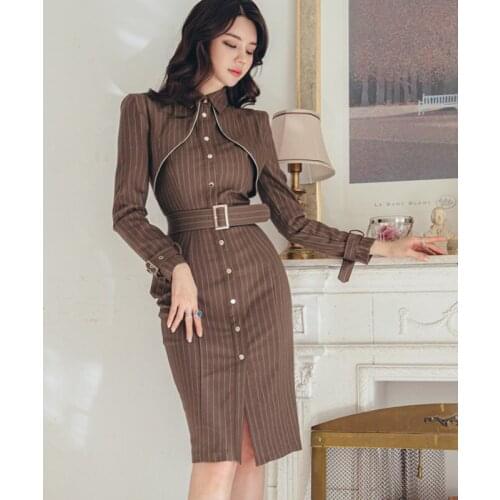 Striped dresses women shirt skirt women slit slim fit bag hip long sleeve dress autumn bodycon dress women dresses for women