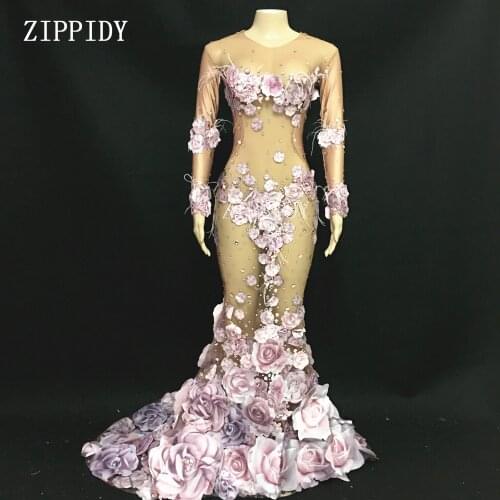 Sexy Design 3D Flowers Net See Though Mesh Dress Flower Pattern Big Stretch Birthday Celebrate Dress Singer Performance Costume