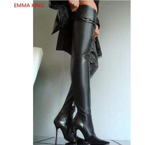 Black Leather Women Thigh High Boots Pointed Toe 10cm Stilettos High Heels Sexy Women Over The Knee Long Boots 2018 Winter Shoes