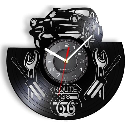 U.S. Route 66 Sign Road Vinyl Record Wall Clock Car Garage Decor Highway 66 Cut Out Longplay Auto Repair Tool Mancave Artwork