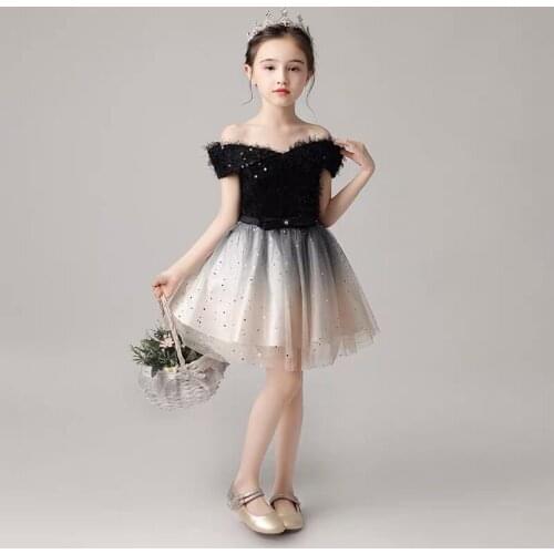 Off Shoulder Sequin Tulle Girl Party Dress Princess First Communion Gowns Girl Pageant Gown Flower Girl Dresses for Weddings