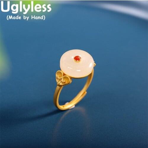 Uglyless Like a White Cake Agate Embellished on Jade Rings for Women Fashion Simple Gemstones Jewelry Glossy 925 Silver Rings