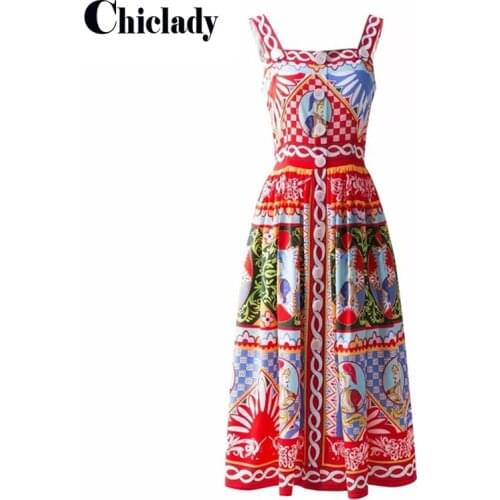 Pinkoz vintage baroque carriage printed spaghetti strap summer holiday midi dress single breasted buttons boho femme vestidos za