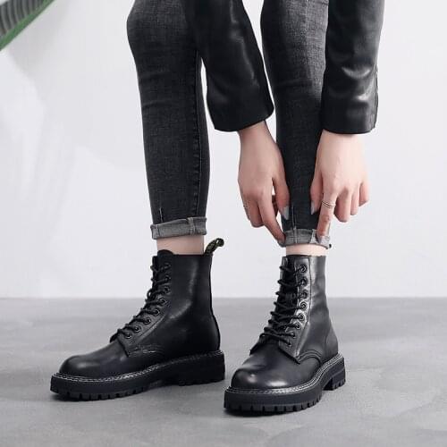Womens Shoes Genuine Leather European and American Martin Boot Top Leather Chelsea Boots Round Toe Square Heels Lace-Up
