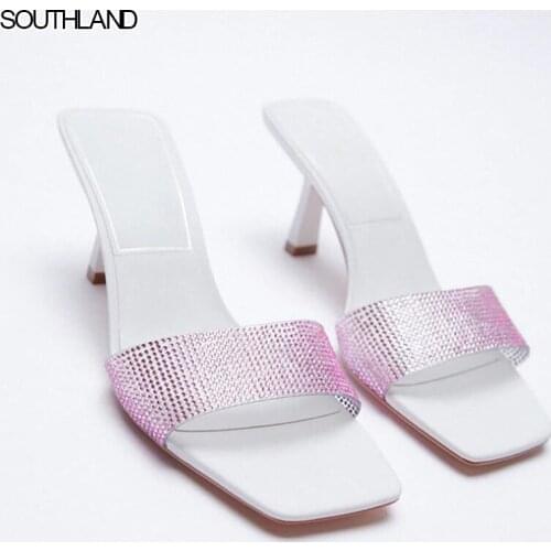 SOUTHLAND 2021 New One Word Square Toe High Heel Summer Sandals Woemn Thin Heel Female Beige Crystal Slippers