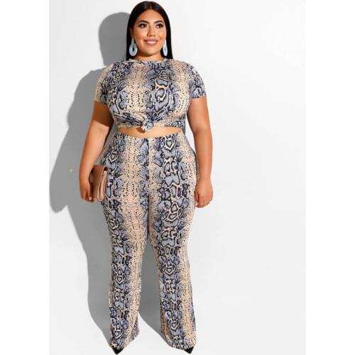 DOIB Sexy Style 5XL Two Piece Set Women Outfits Snake Pattern Two Piece Plus Size T-shirt+Pants Suit Straight Trousers