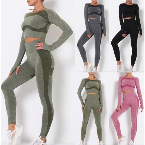 Women Stitching Color Tracksuit Two Pieces Set Long Sleeve Hollow Out Top Elastic Waist Skinny Pants Sportswear Yoga Sport Suit