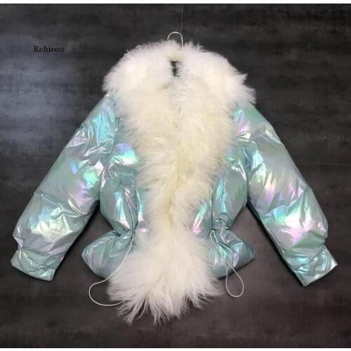 Winter Jacket Women Shiny Cotton Coat Imitated Wool Collar Colorful Bread Warm Jacket Female Korean Loose Jackets Parka