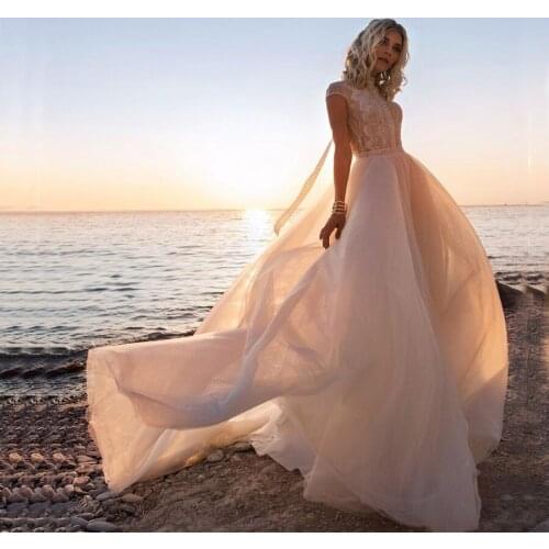 Elegant High Neck Lace Appliqued A-line Wedding Dresses Cap Sleeves Backless Sweep Train Women Bride Dress