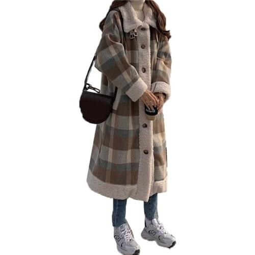 Womens Plaid Coat Long Lamb Wool Splicing Quilted Blended Woolen Winter Coats Plus Size Keep Warm Casual Jacket Outwear Female