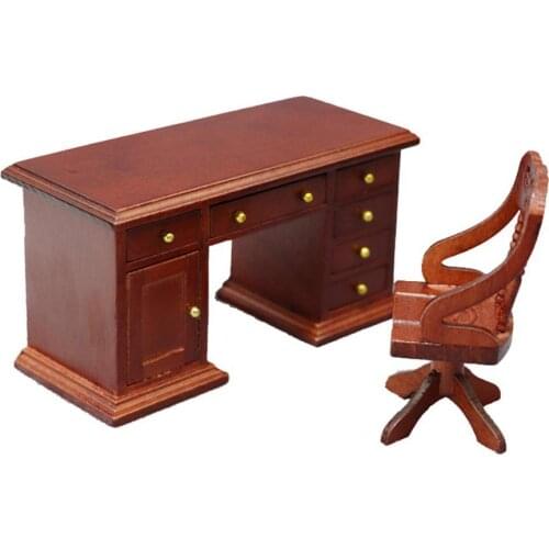 2Pcs/Set 1/12 Wooden Desk Computer Chair Furniture Model Toy Dollhouse Decor