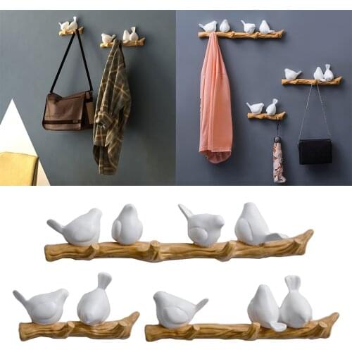 3D Resin Bird Hangers Birds on Branch Wall Mounted Coat Robe Hook Hat Bag Keys Organizer for Home Kitchen Living Room Door Hooks