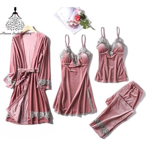 4PCS Pajamas Sets For Women Gold Velvet Warm Winter Pyjama Femme V-Neck Sexy Sleepwear Lingerie Sleeveless Nightwear