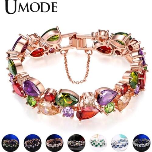 UMODE New Fashion Colorful Water Drop Zircon Crystal Bracelets for Women Rose White Gold Round CZ Bracelet Jewelry AUB0171