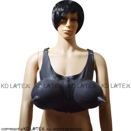 Black Sexy Latex Bra With Inflatable Bust Front Zipper And Buckles Rubber Lingerie Brassieres BRA-0018