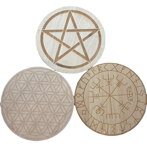 Flower of Life Pentagram Viking Rune Symbol Crystal Array Seven Chakra Energy Wooden Placemat Altar Decoration