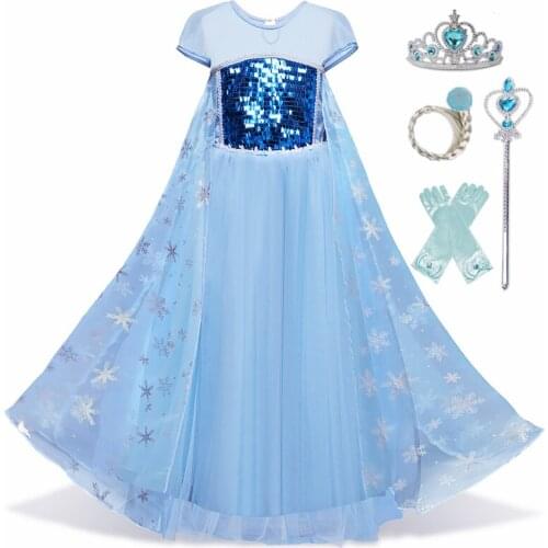 Princess Dress Up Children Long Sleeve Blue Sequined Dress Girls Gorgeous Elegant Long Tail Wedding Dresses