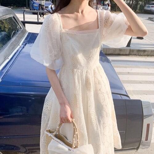 French Vintage Casual Fairy Dress Female One-piece Dress Korean Puff Sleeve Lace Sexy Party Midi Dresses Womens Summer 2021 New