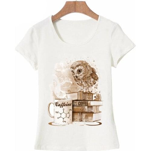 Cartoon owl design T-shirt fashion female t-shirt coffee obsessed owl print T-shirt casual top cute female tee