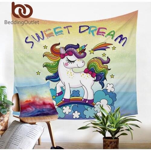 BeddingOutlet Rainbow Unicorn Tapestry Cartoon Decorative Wall Hanging For Kids Room Bedspreads Sweet Dream Colorful Sheets