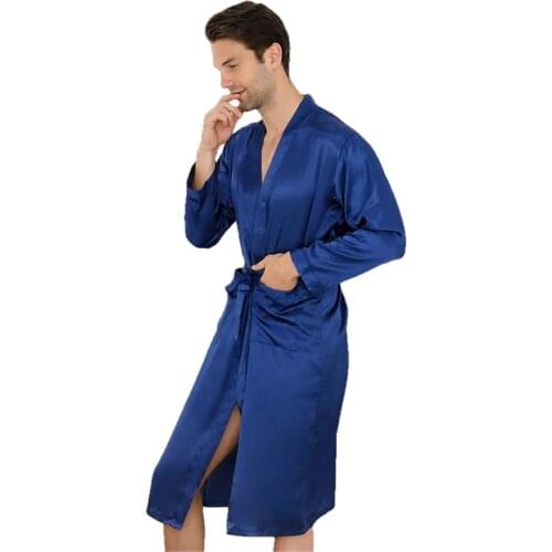 Blue Chinese Men Silk Rayon Robe Summer Casual Sleepwear V-Neck Kimono Yukata Bathrobe Gown Size M L XL XXL