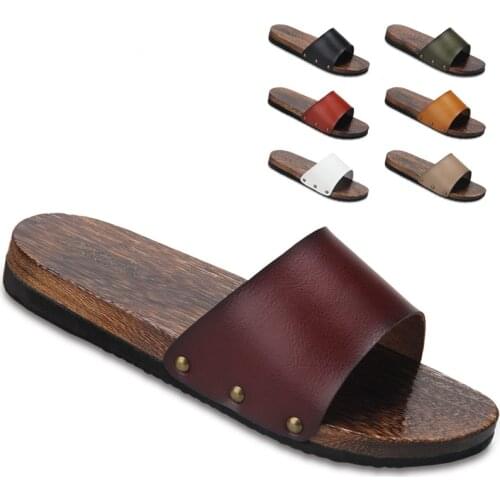 Summer Couples Home Wooden Slippers Microfiber Leather Womens Sandals Flat Heel Men Clogs Beach Slippers Japan Geta