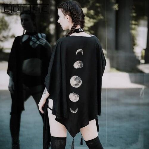 Moon Printed Tassel Cloak Female Dark V-neck Loose Top Bat Cloak Shirts Aesthetic Gothic Unif T Shirt for Women