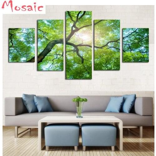 Mosaic picture 5pcs Diamond Embroidery Green Trees Cuadros Landscape diamond painting Wall Art Picture for Living Room decor