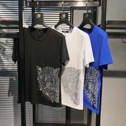 New Fashion Summer New Fashion Leopard Print Hot Rhinestone T-shirt Fashion Round Neck Slim Short Sleeve Mens Half Sleeve Top