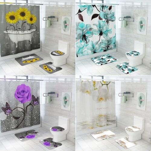 Sunflower Rose Pattern Printing Bathroom Waterproof Shower Curtain Set Pedestal Rug Lid Carpet Toilet Cover Bath Mat Set