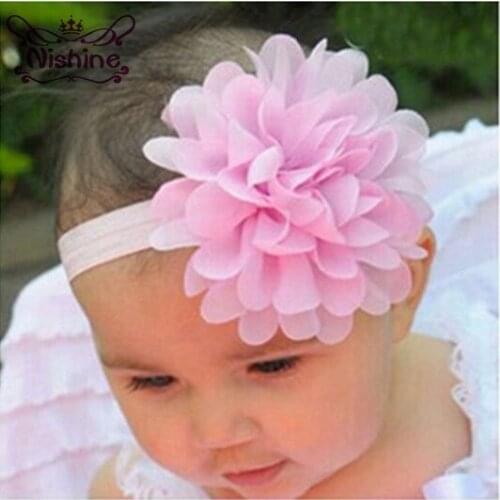 Nishine 20pcs/lot 4" Chiffon Flower Solid Elastic Headband Hair Band Girls Headwear Kids Hair Accessories(Color:20 Colors)