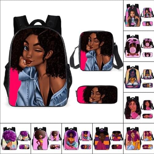 2021 New Cartoon African Girl Three-Piece School Bag Elementary Middle School Students Anime Print Backpack Shoulder Pencil Case