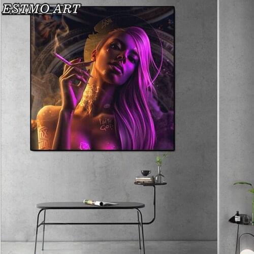 Purple Neon Smoking Sexy Tattoo Woman Canvas Painting Posters and Prints Square Wall Pictures Nordic Girl Bedroom Decoration