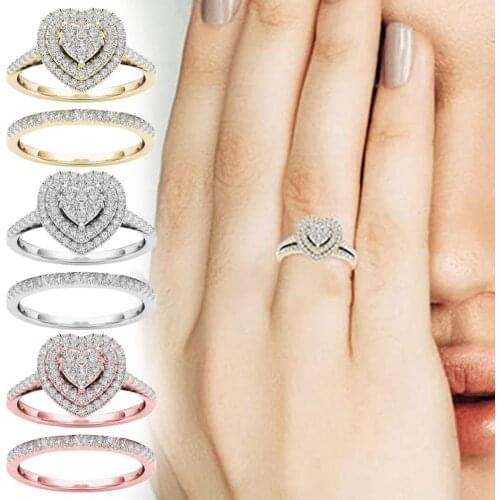 Durable 2Pcs/Set Useful Women Delicate Heart-shaped Rhinestone Ring Jewellery 7 Sizes Finger Ring Attractive for Families