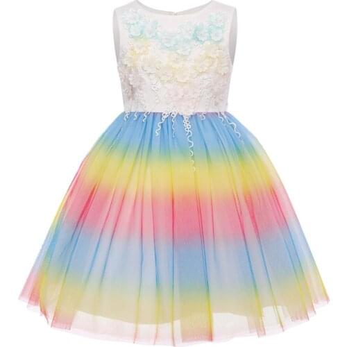 Rainbow Unicorn Dress Cute Kids Girls Sleeveless Ball Gown Tulle Dress Fashion Halloween Party Flower Unicorn Dress Fancy Up