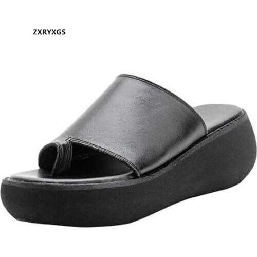 Top Cowhide Fish Mouth Flip Flops Summer Sandals Platform Increased Shoes Woman Wedges Outdoors Wear Slippers Casual Sandals
